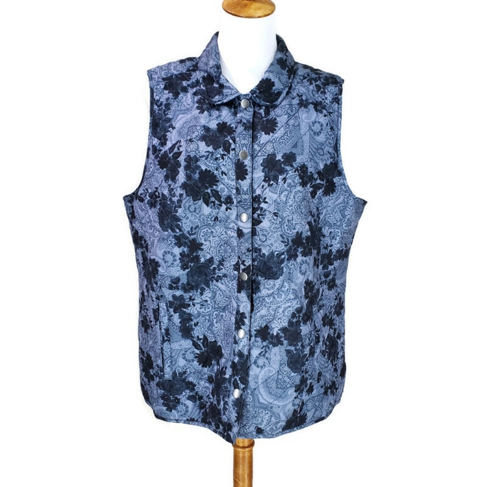 J.Jill Vest Jacket Size L Quilted Floral Paisley Blue Haze
